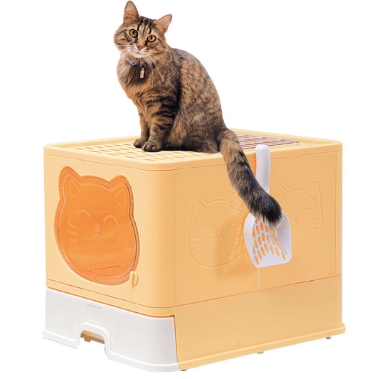 TownTime Top Entry Litter Box with LidAnti-Splashing Foldable Cat Litter Box with Activated Carbon Keeping the Air FreshDrawer Type Kitty Litter Box Easy and Quick to CleanLarge Litter Box (Yellow)